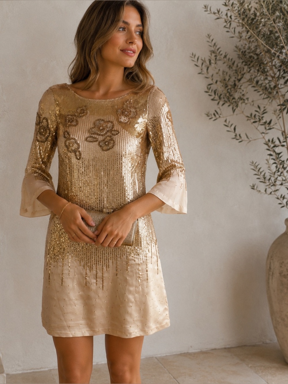 NWT HALSTON Ivory Gold Sequin Silk Shimmering  Holiday Sheath Dress 2 XS